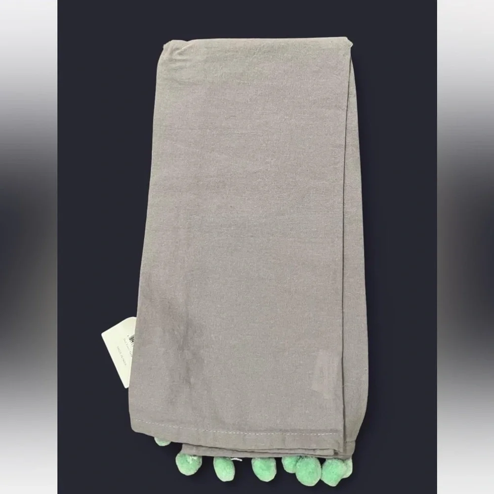 Gray Kitchen Towel with Scenic Print & Teal Pom Poms